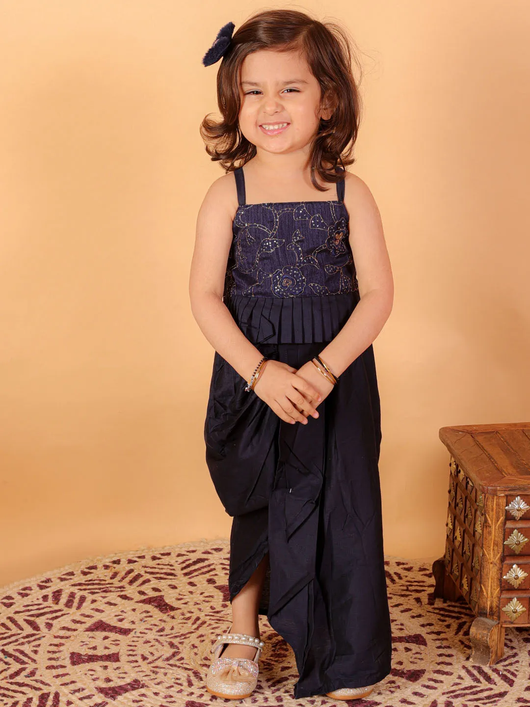 Jashvi SISHU Girl's Navy Blue Draped Skirt With Crop Top