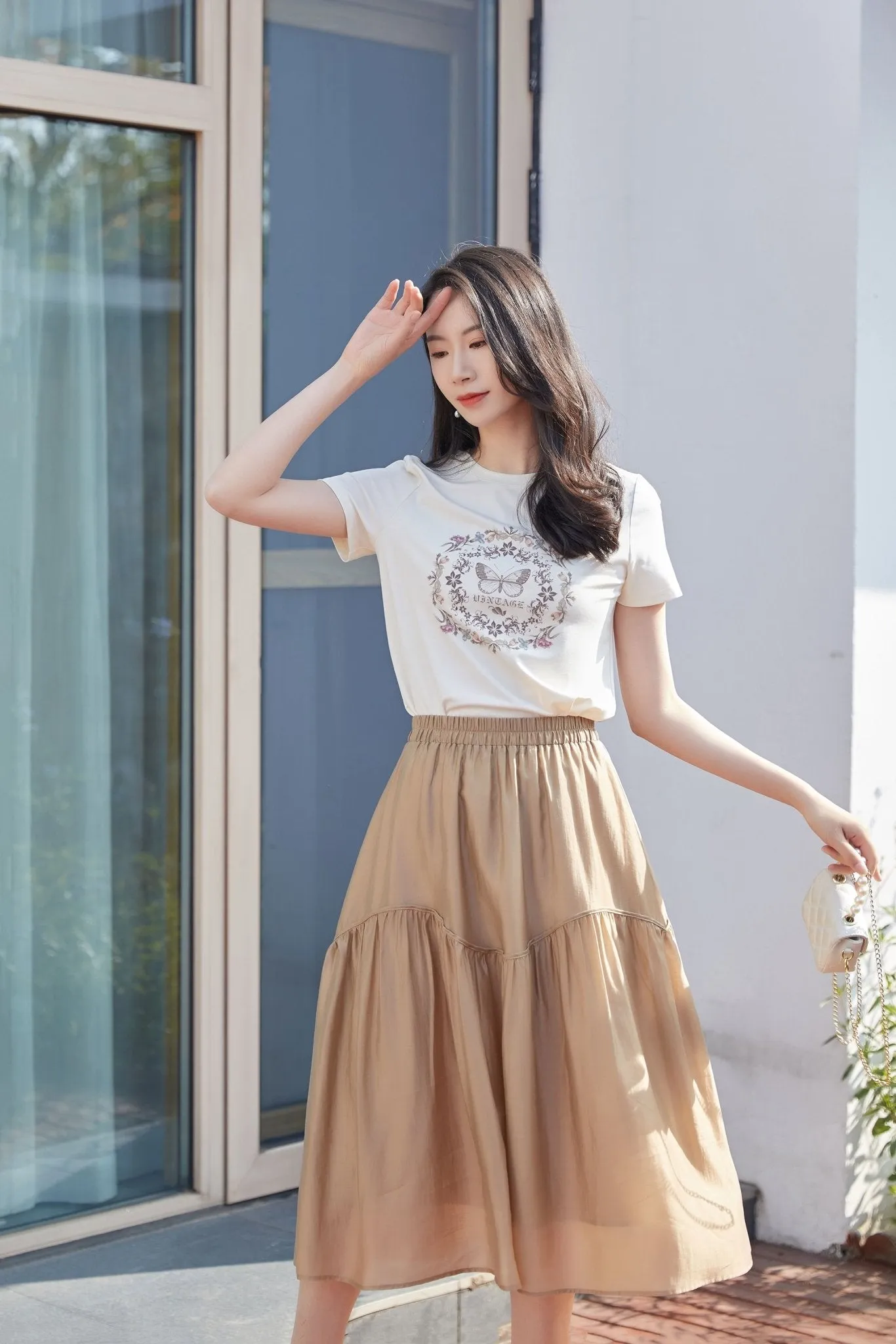 Khaki Grey Wavy Luster Midi Skirt