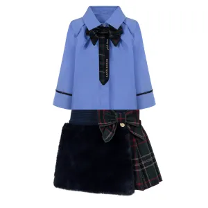 LAPIN HOUSE - Tartan Half Pleated Faux Fur Skirt Set - Blue