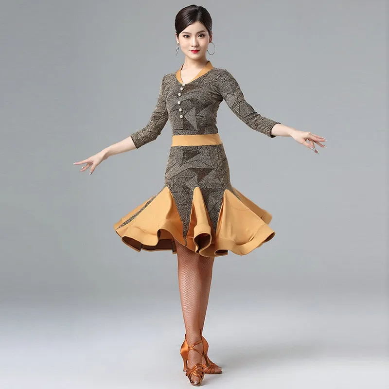 Latin Dance Dress Patchwork Shinny Cloth Long Sleeves V-neck Salsa Flare Skirt