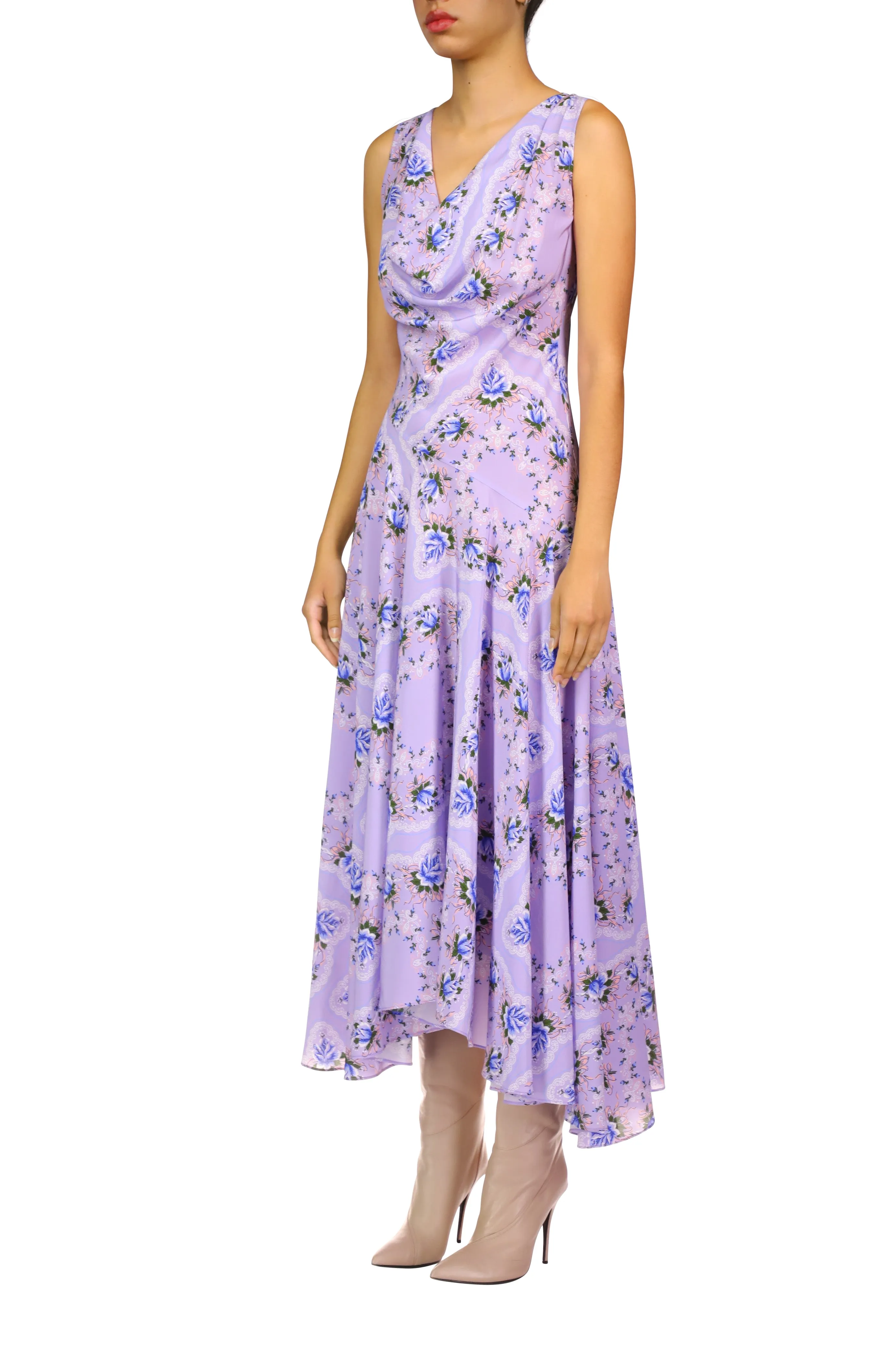 Lavender Floral Silk Cowl Neck Dress With Handkerchief Skirt