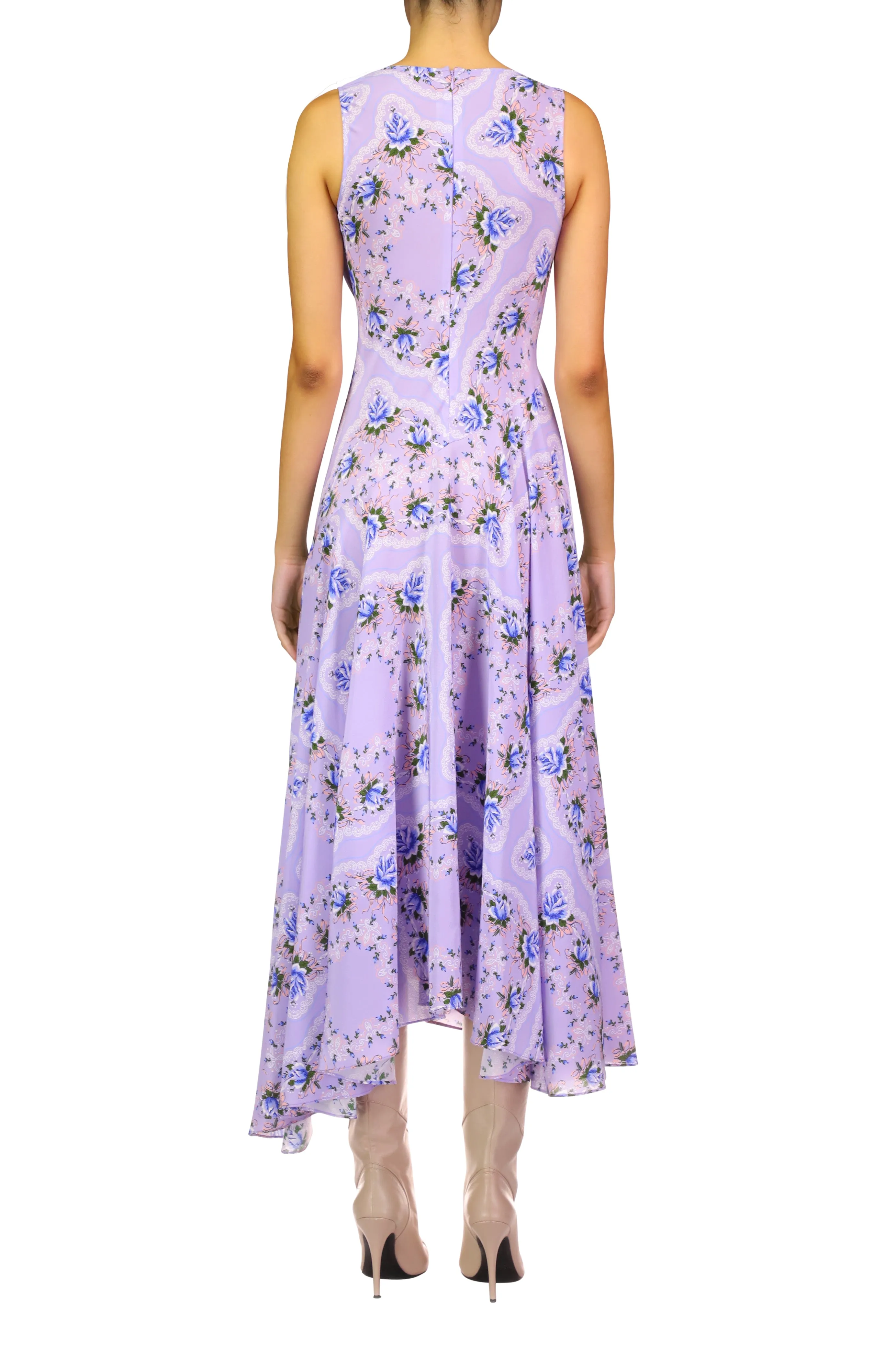 Lavender Floral Silk Cowl Neck Dress With Handkerchief Skirt