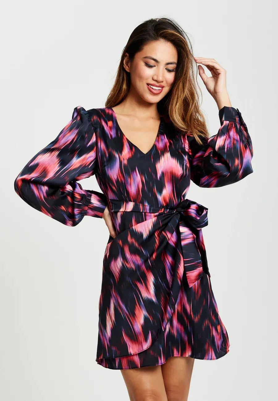 Liquorish Abstract Ikat Print Mini Wrap Dress In Black