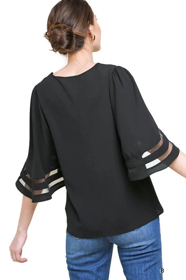 Mesh Burnout Bell Sleeve Top, Black