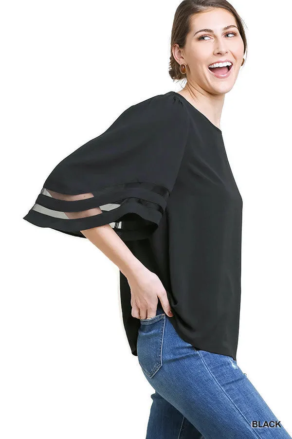 Mesh Burnout Bell Sleeve Top, Black