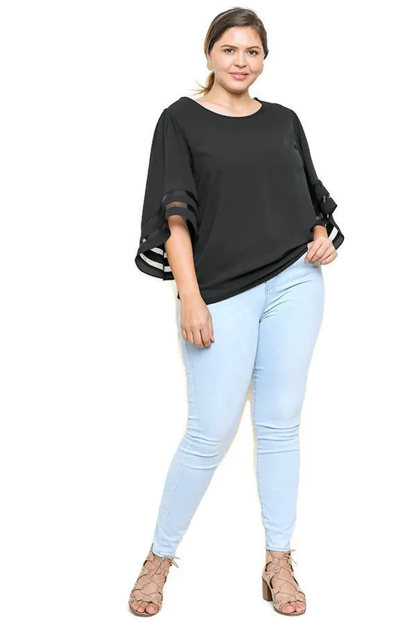 Mesh Burnout Bell Sleeve Top, Black