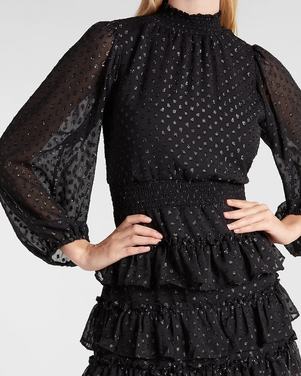 Metallic Dot Smocked Mock Neck Tiered Ruffle Dress in Pitch Black