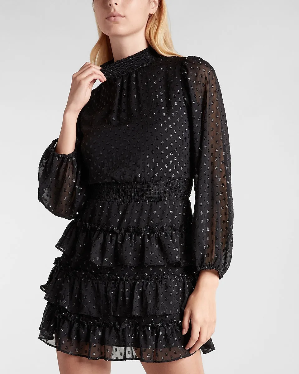 Metallic Dot Smocked Mock Neck Tiered Ruffle Dress in Pitch Black