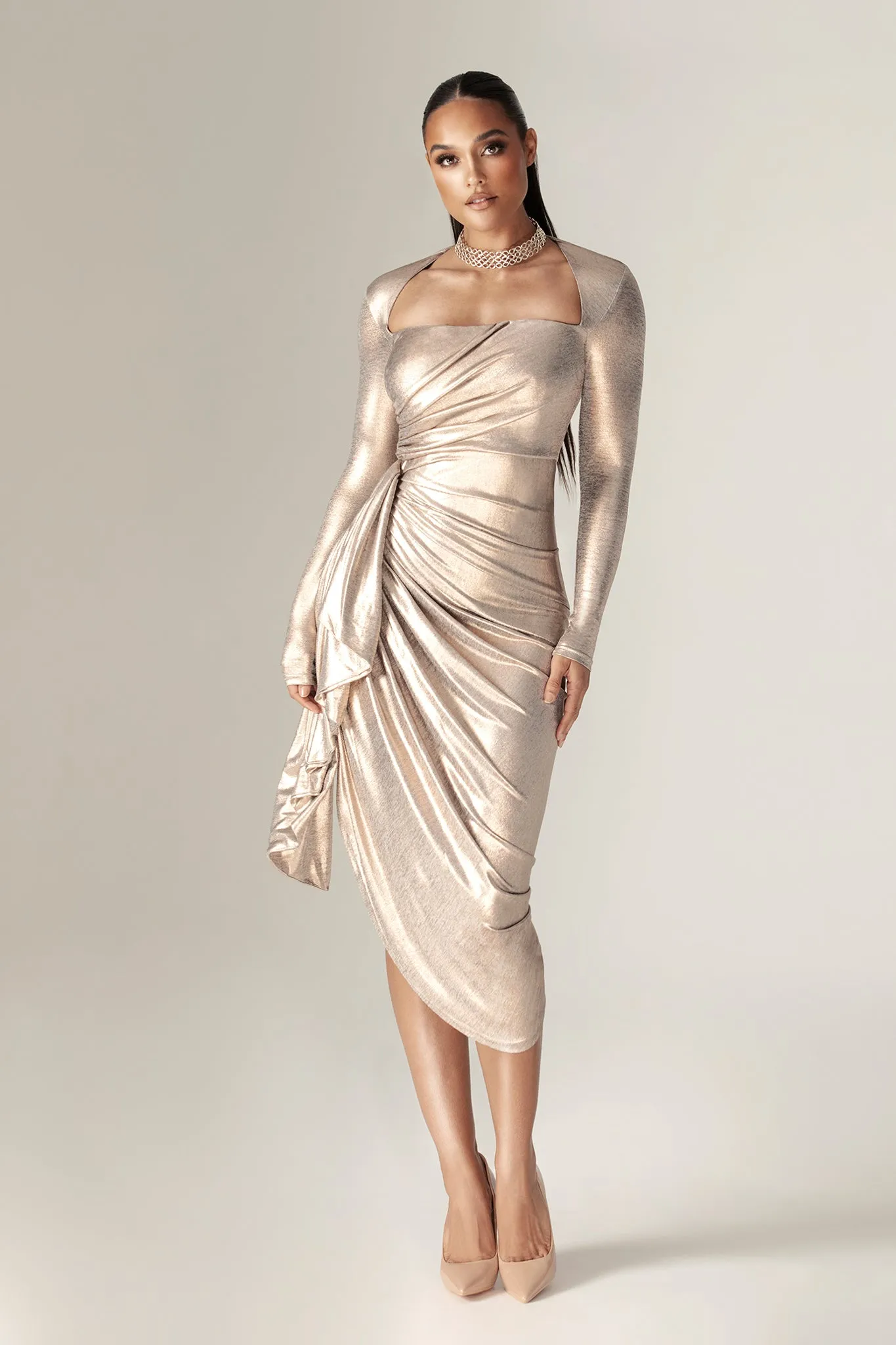 Narin Draped Midi Dress (Gold)