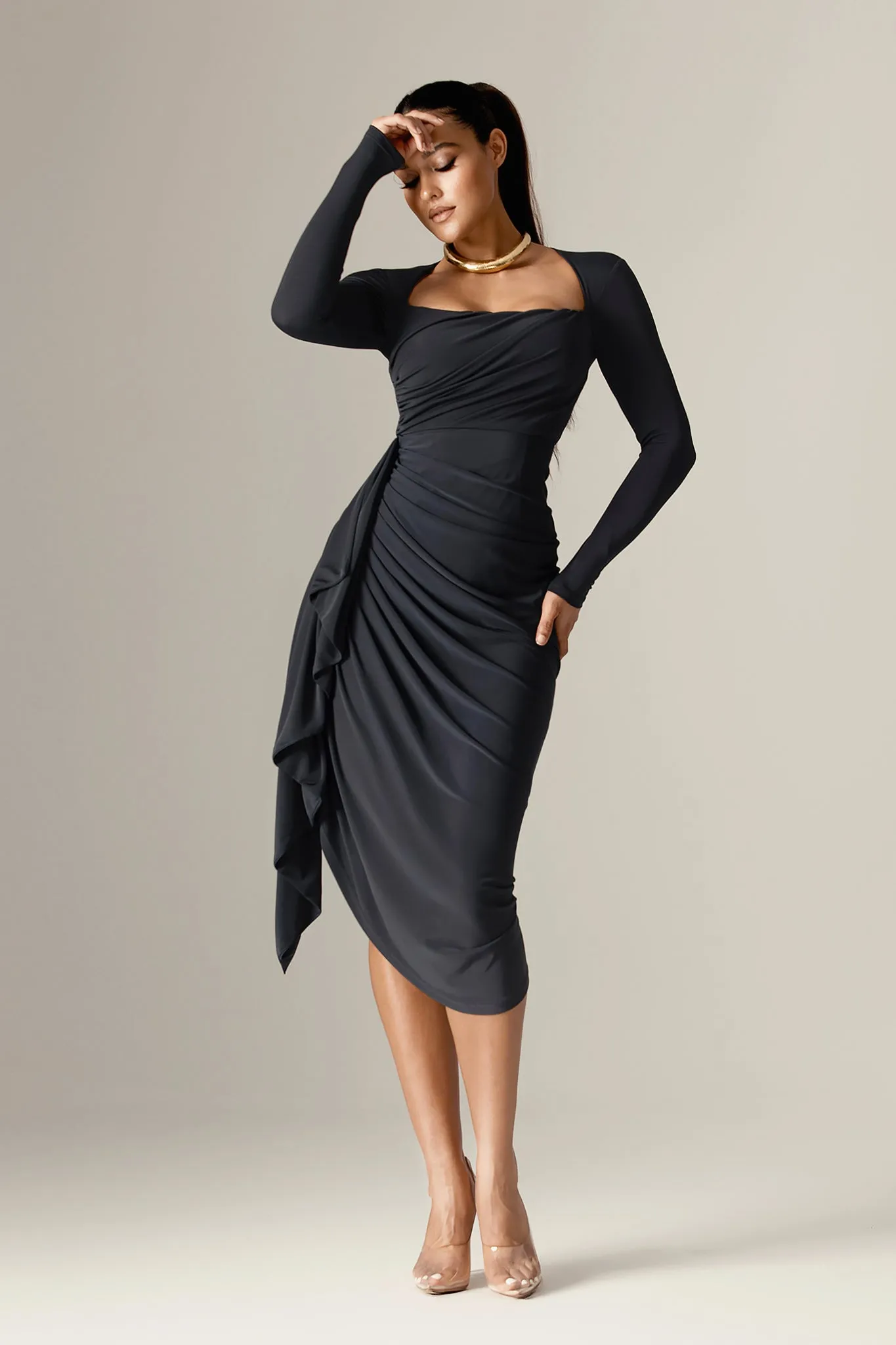 Narin Draped Midi Dress (Navy Blue)