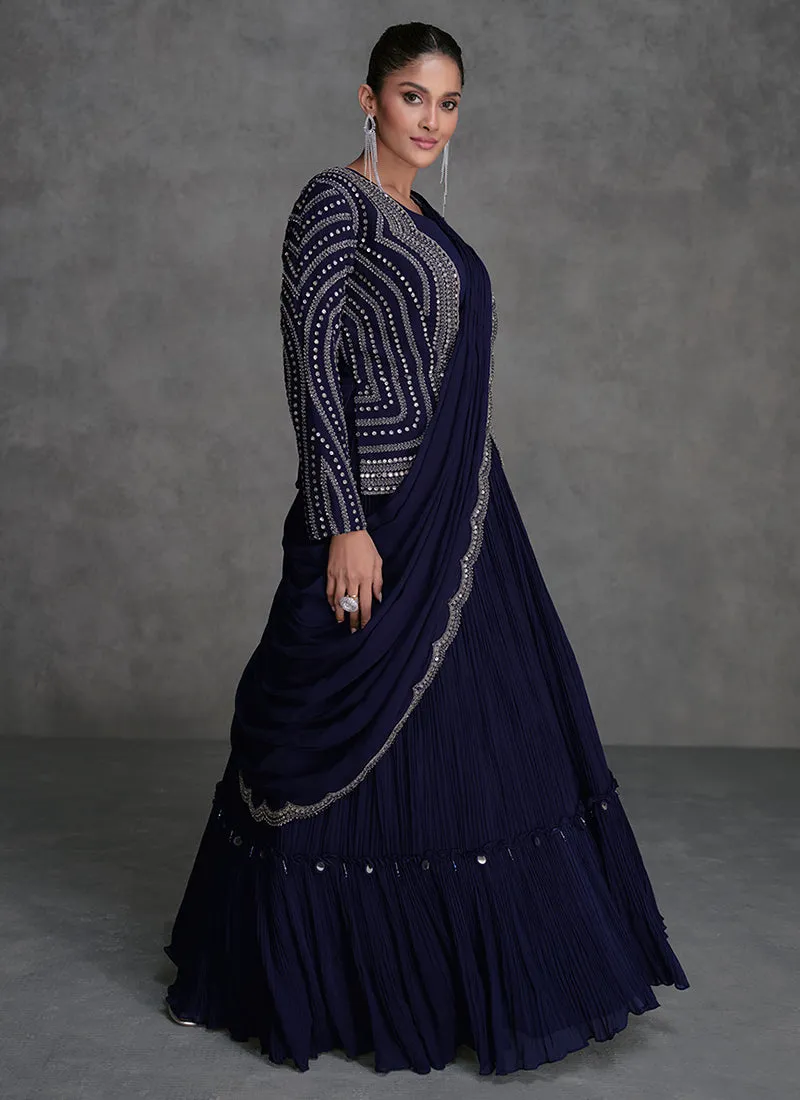 Navy Blue Embellished Lehenga Choli with Jacket