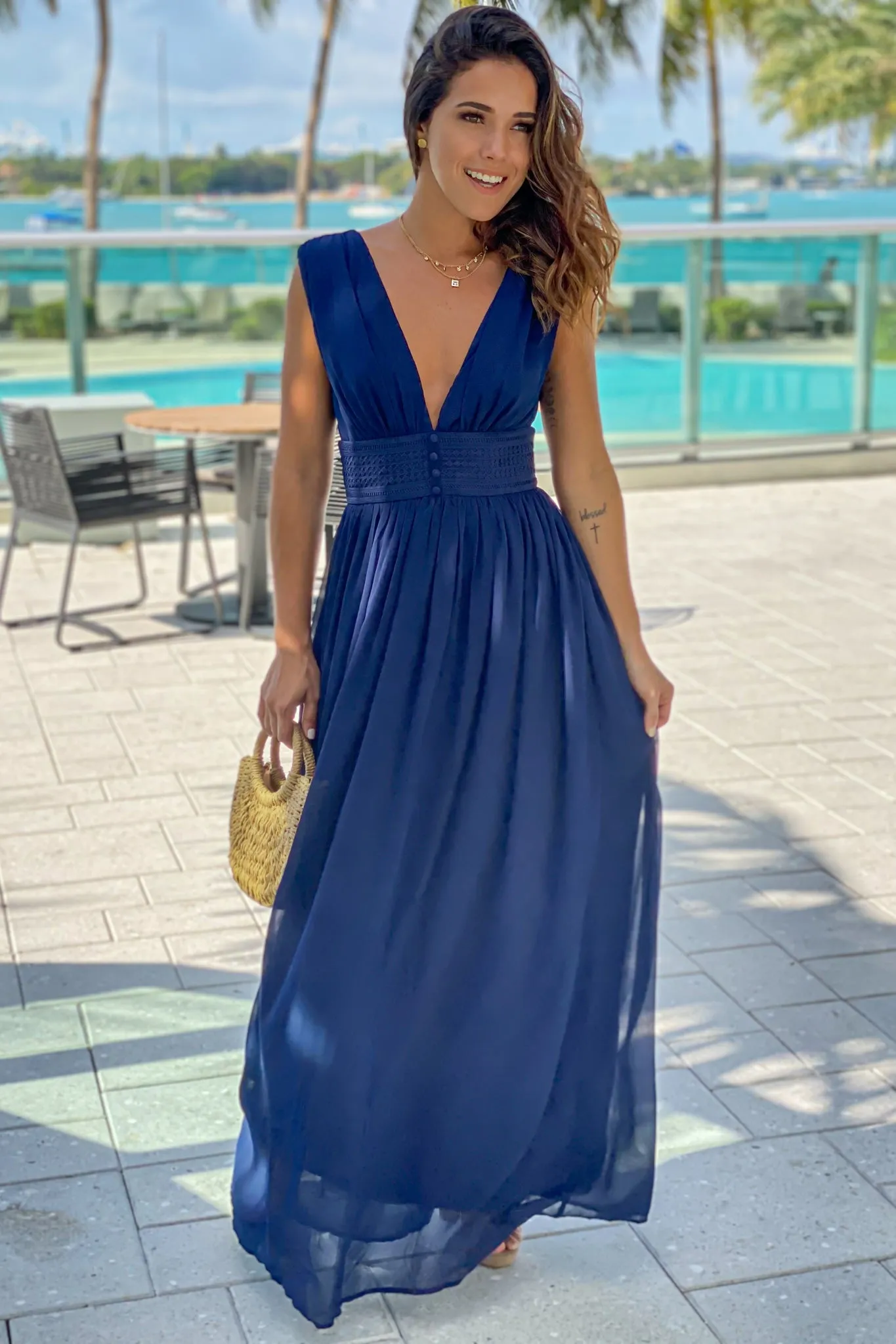 Navy Maxi Dress with Button Detail