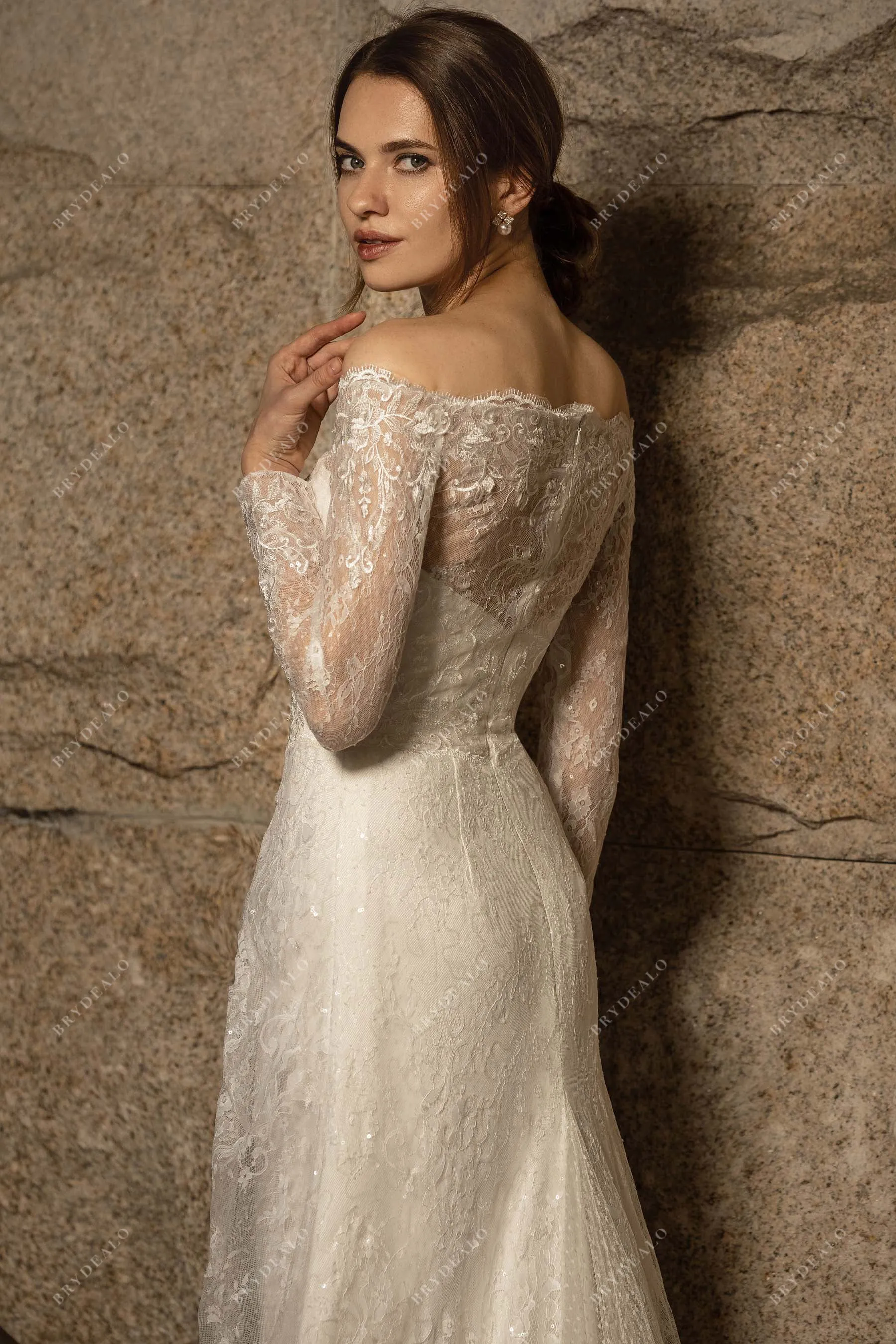 Off Shoulder Sheer Sleeved Elegant Lace Mermaid Wedding Dress