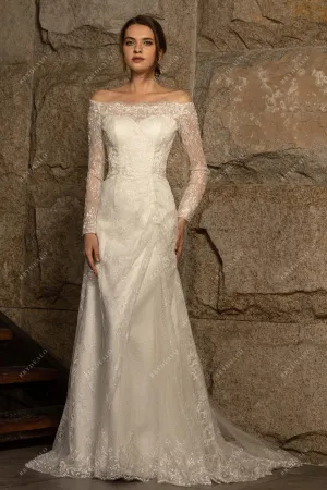 Off Shoulder Sheer Sleeved Elegant Lace Mermaid Wedding Dress