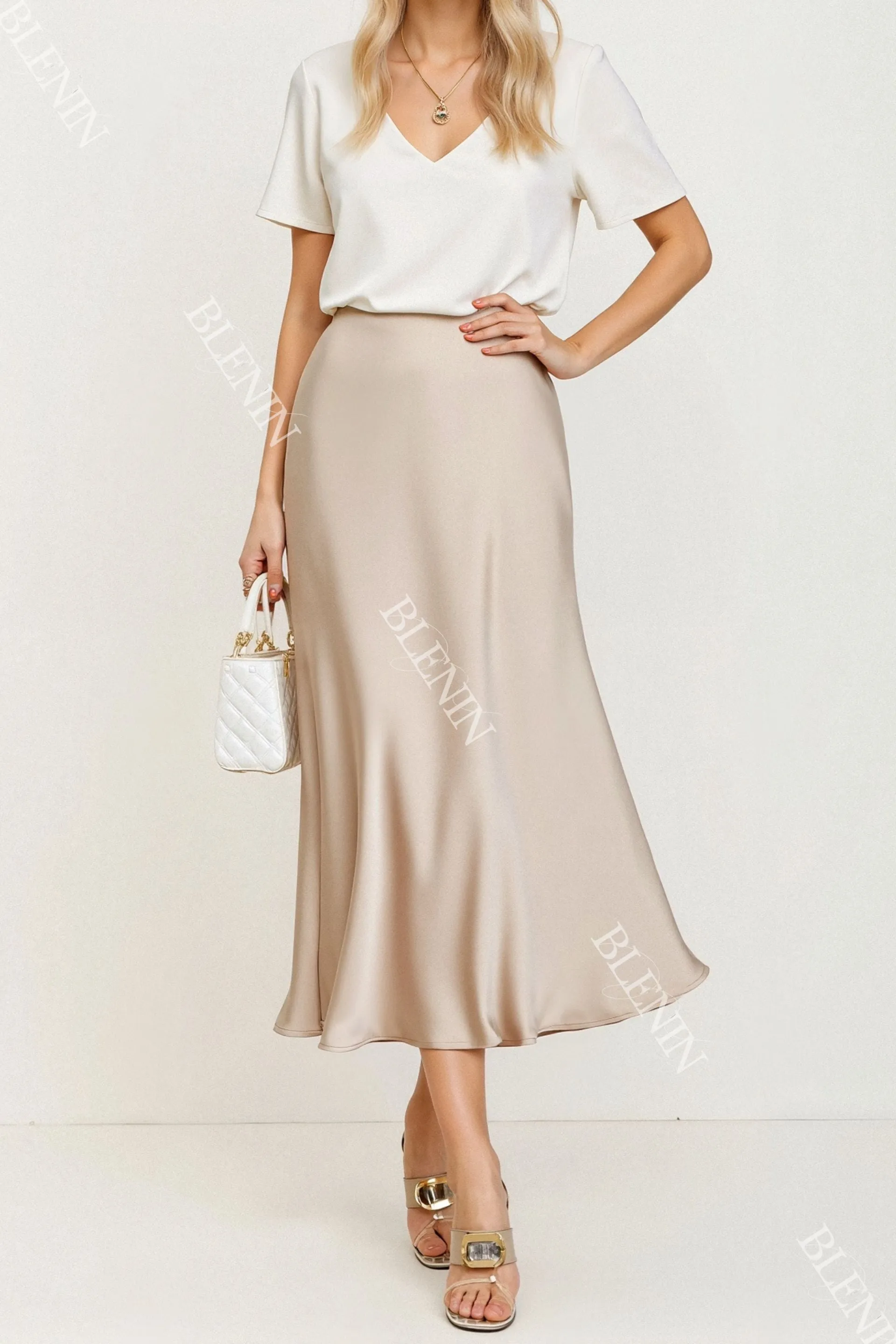 Old Money Solid High Waist Draped Midi Skirt