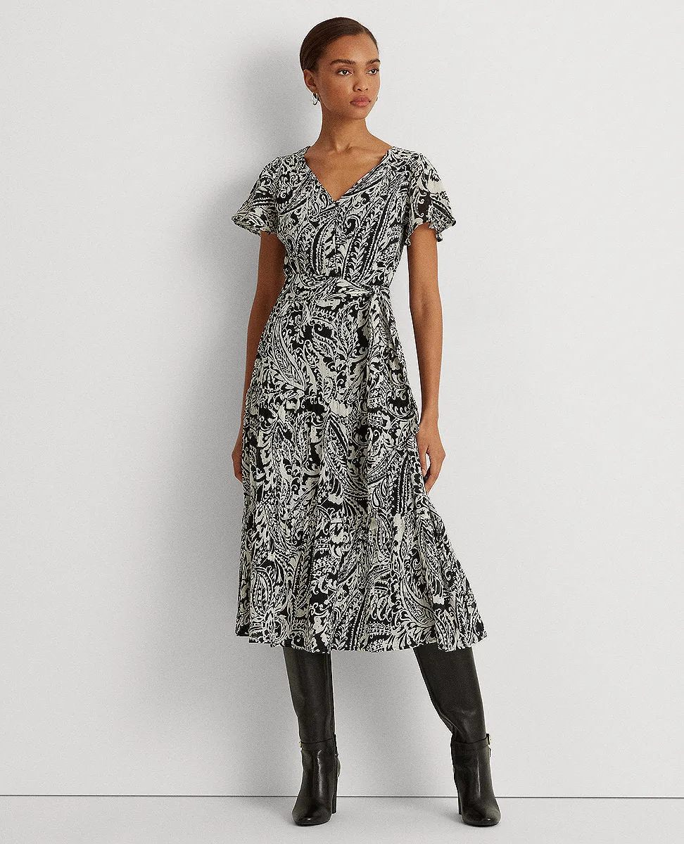 Paisley Crinkled Cotton Dress In Black/Cream