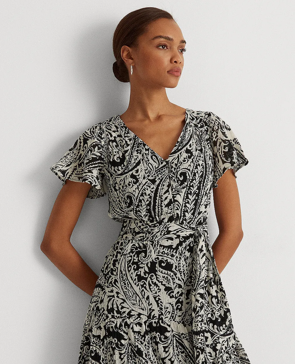 Paisley Crinkled Cotton Dress In Black/Cream