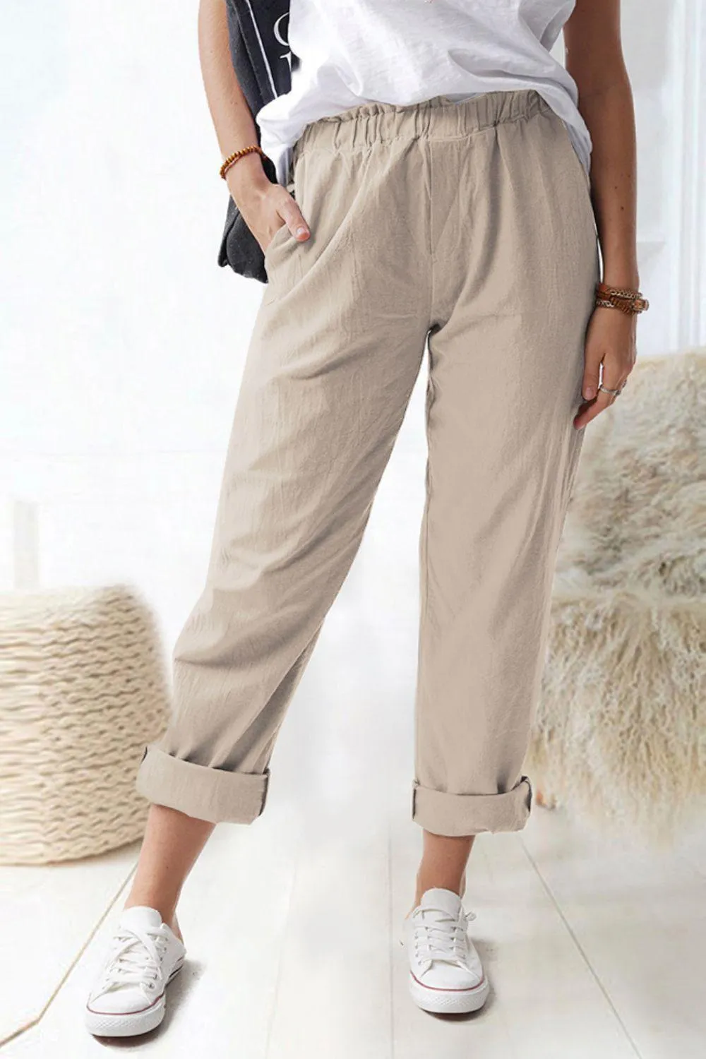 Paper bag Waist Pull-On Pants with Pockets