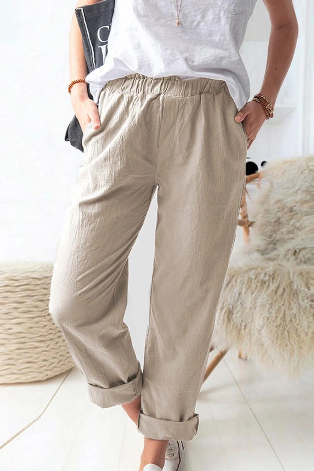 Paper bag Waist Pull-On Pants with Pockets