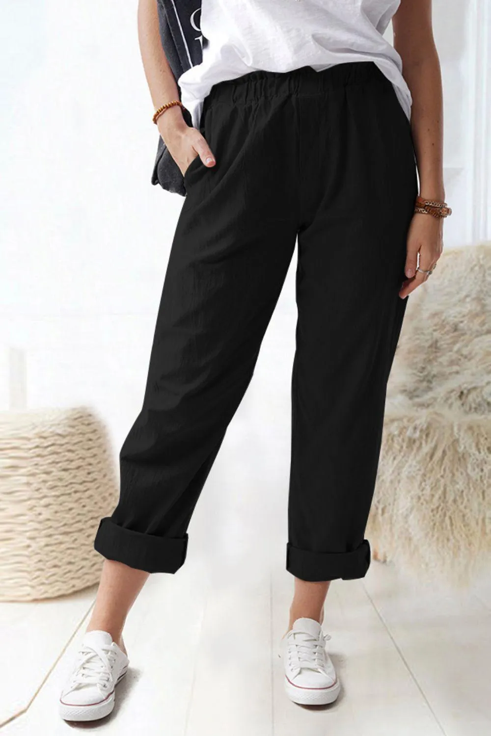 Paper bag Waist Pull-On Pants with Pockets