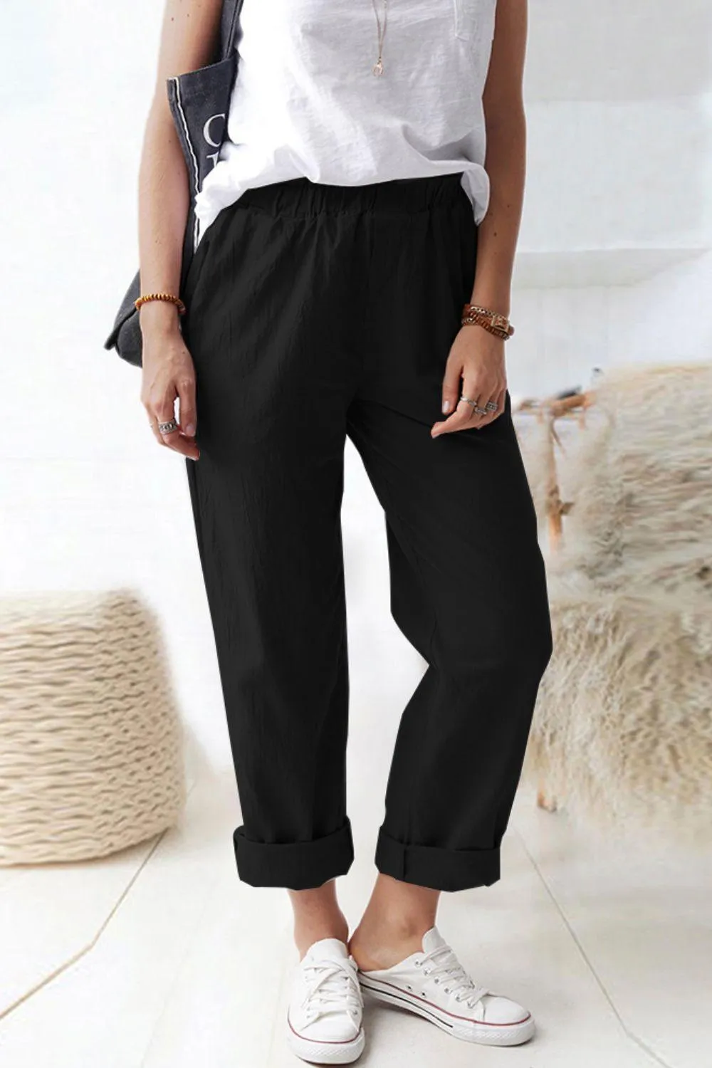 Paper bag Waist Pull-On Pants with Pockets