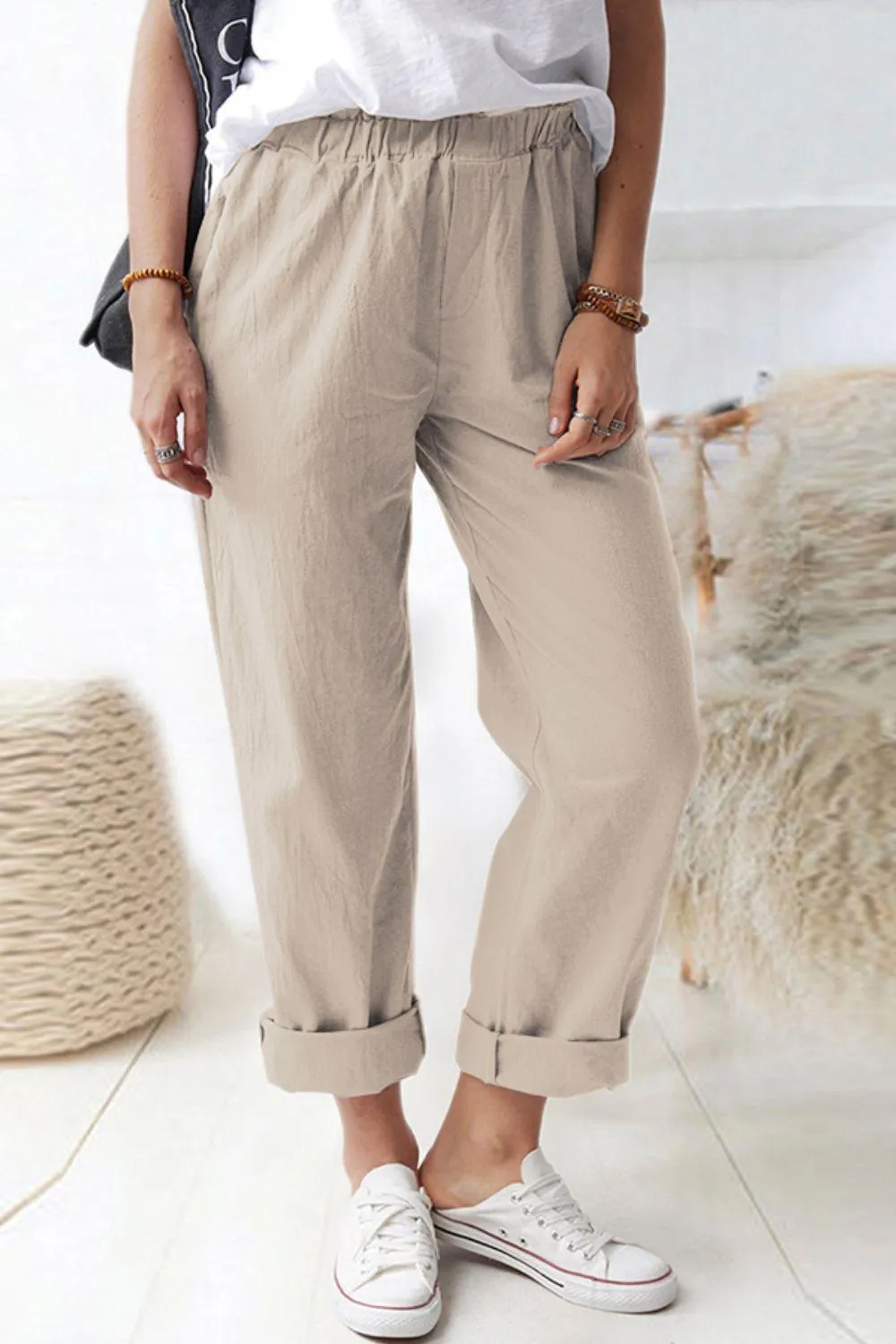 Paper bag Waist Pull-On Pants with Pockets