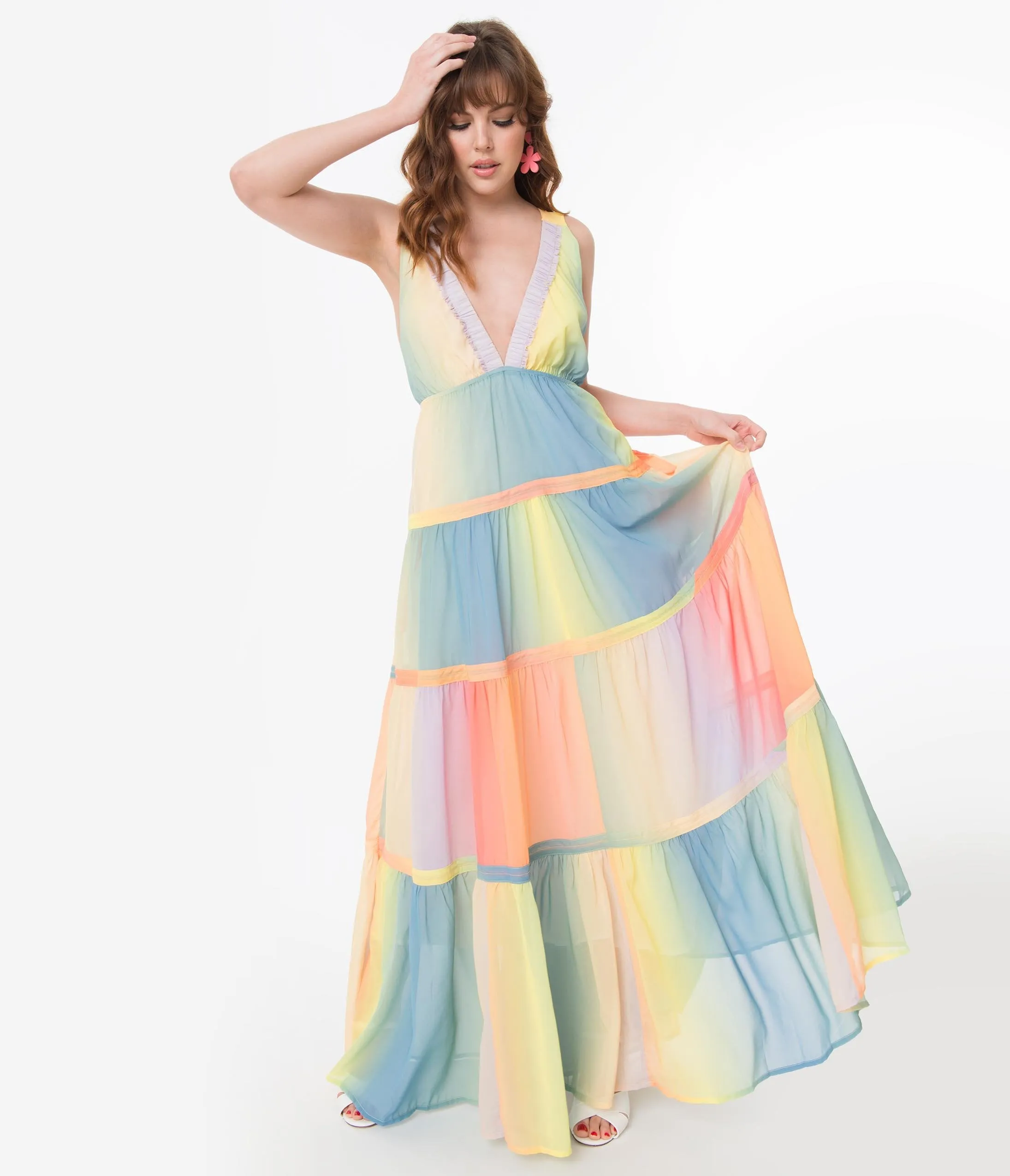 Pastel Ombre Rainbow Tiered Maxi Dress