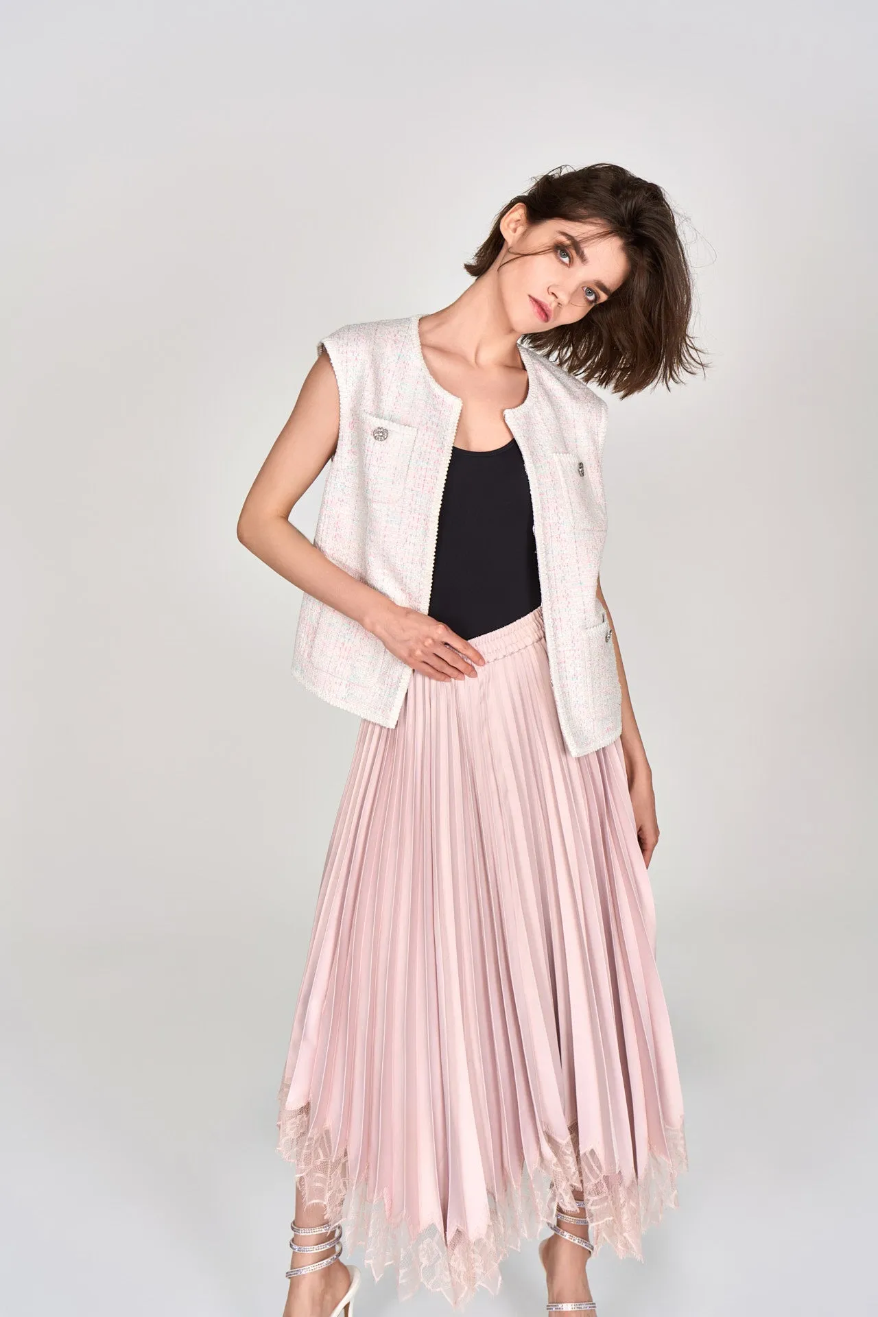 Pink Satin Pleated Midi Skirt