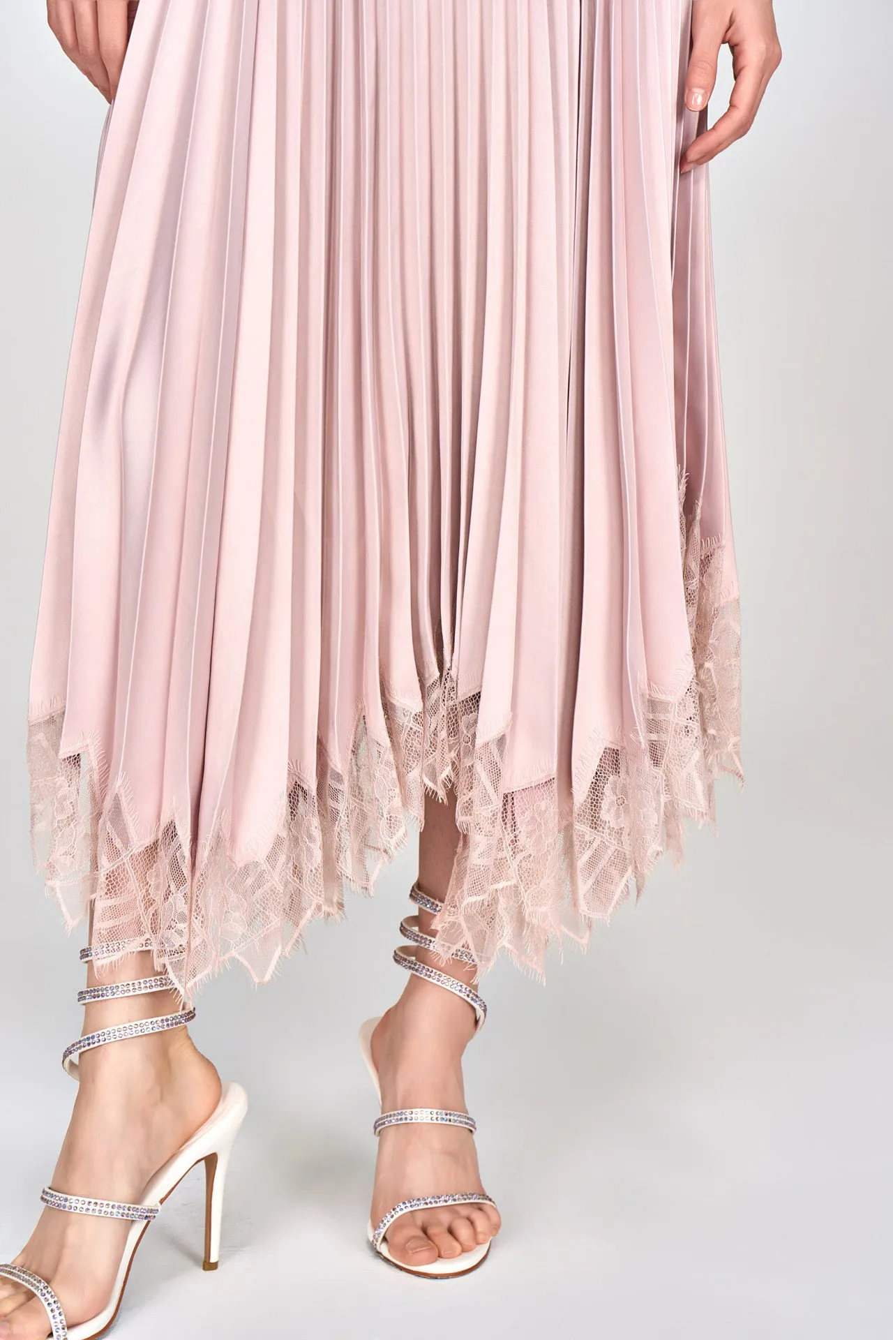 Pink Satin Pleated Midi Skirt