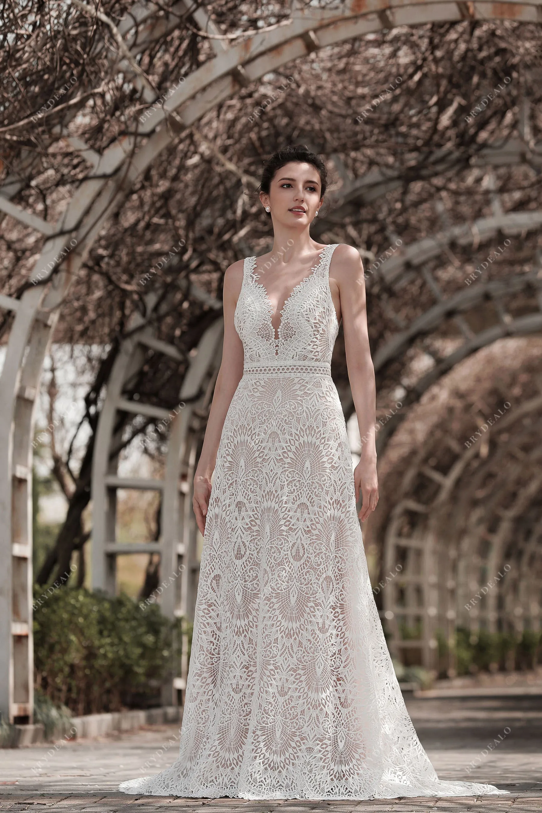 Plunging V-neck Sleeveless Whimsical Lace A-line Nude Wedding Dress