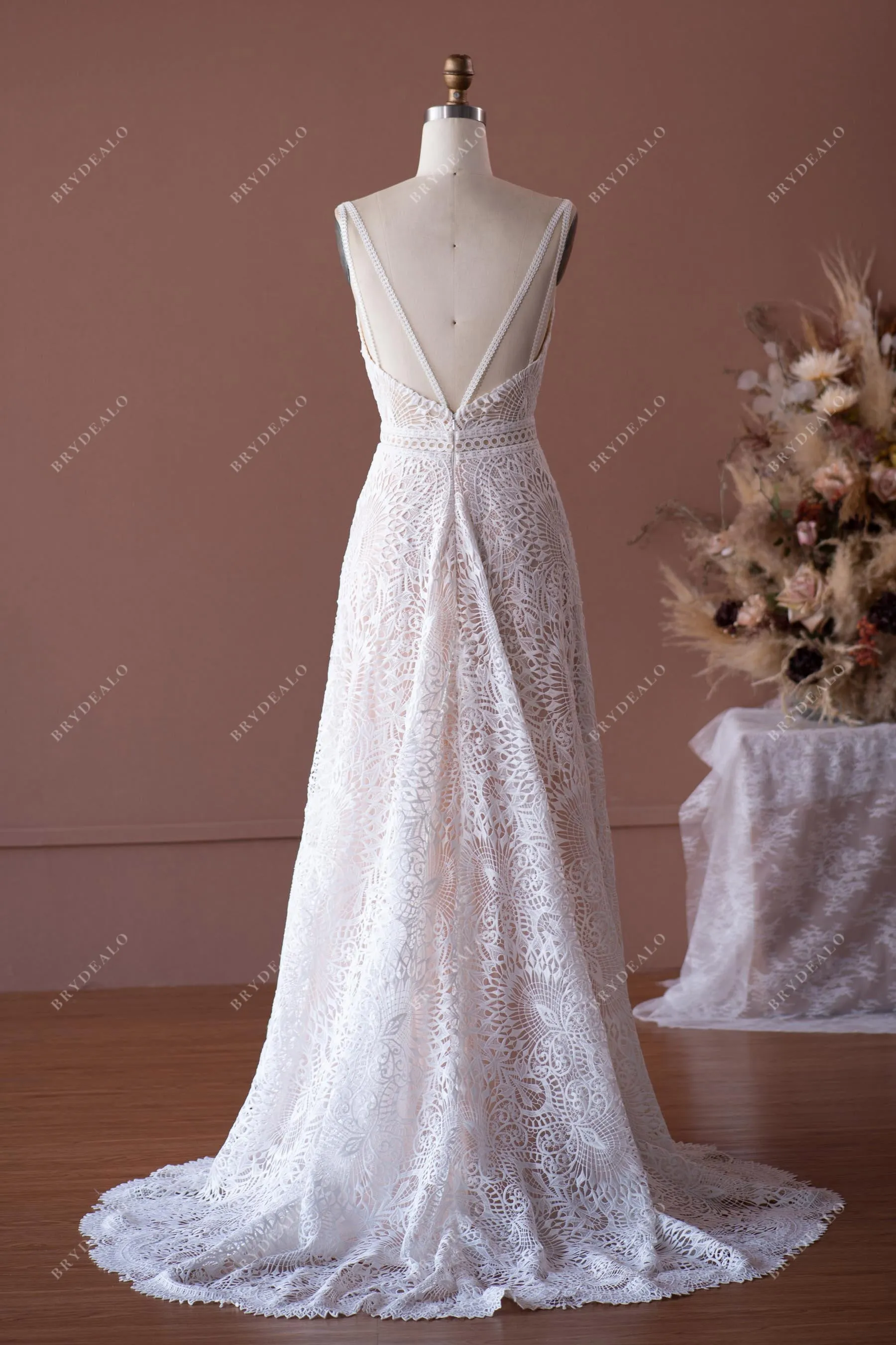 Plunging V-neck Sleeveless Whimsical Lace A-line Nude Wedding Dress