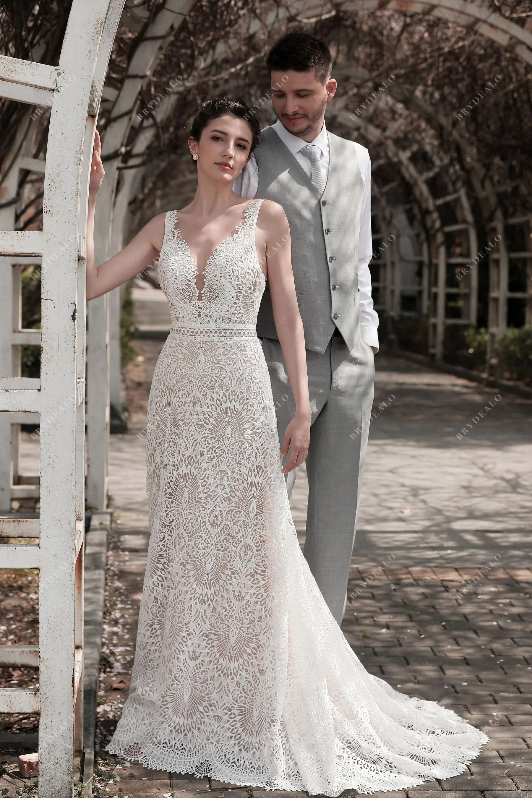 Plunging V-neck Sleeveless Whimsical Lace A-line Nude Wedding Dress