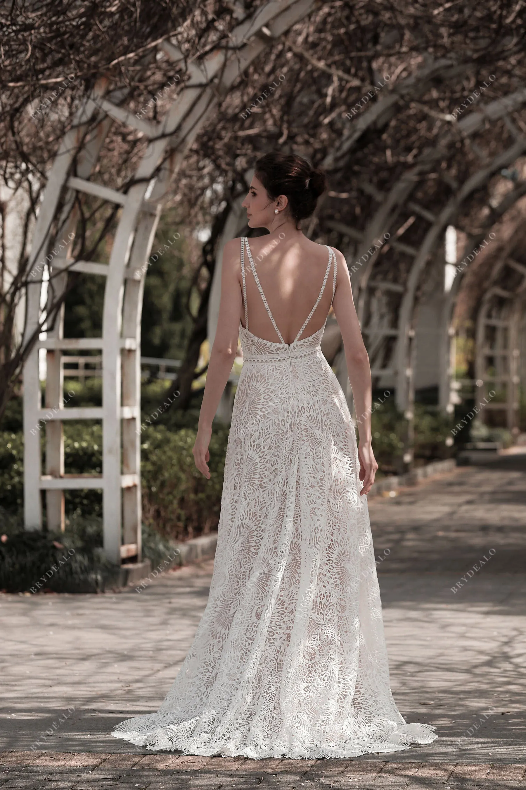 Plunging V-neck Sleeveless Whimsical Lace A-line Nude Wedding Dress