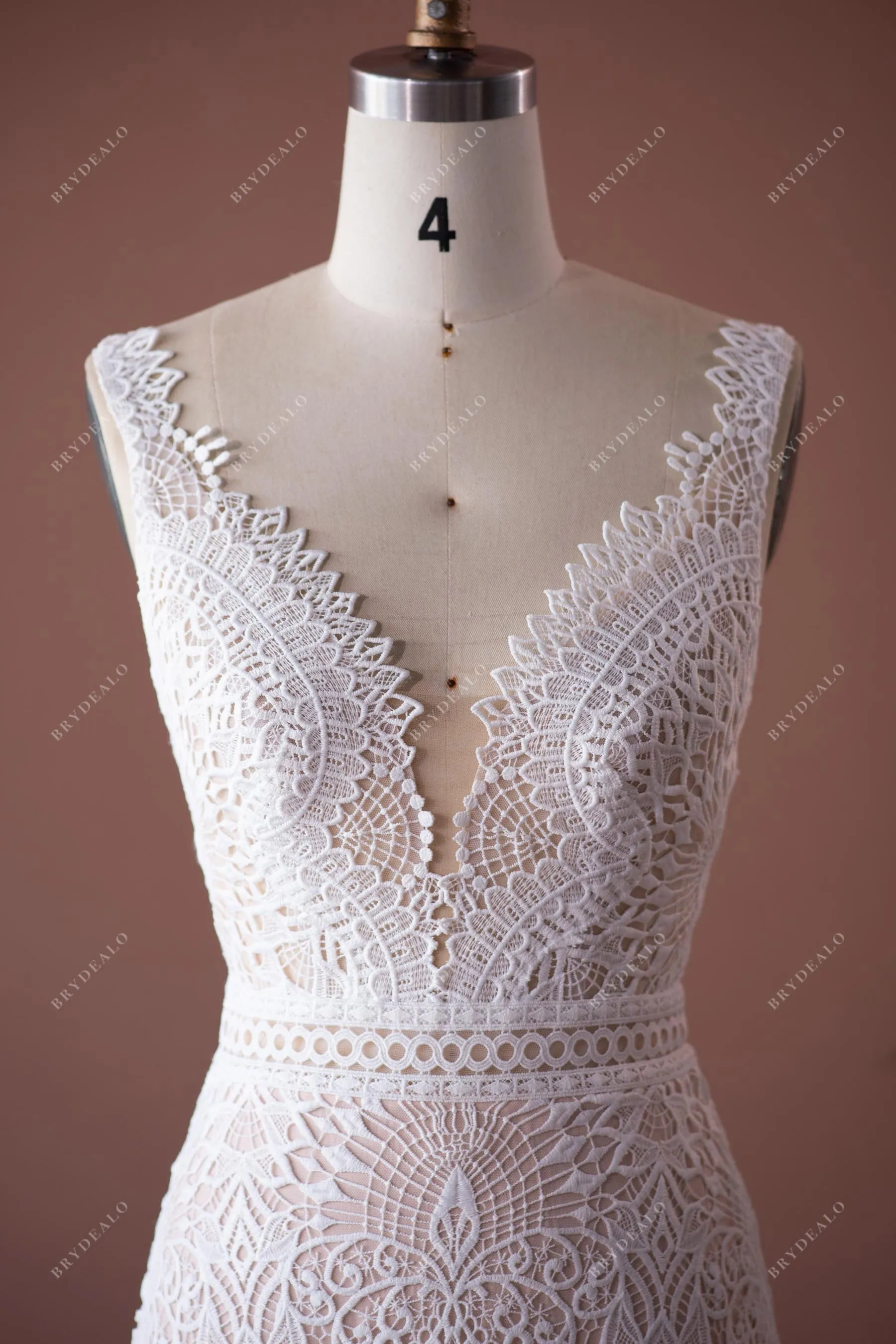 Plunging V-neck Sleeveless Whimsical Lace A-line Nude Wedding Dress