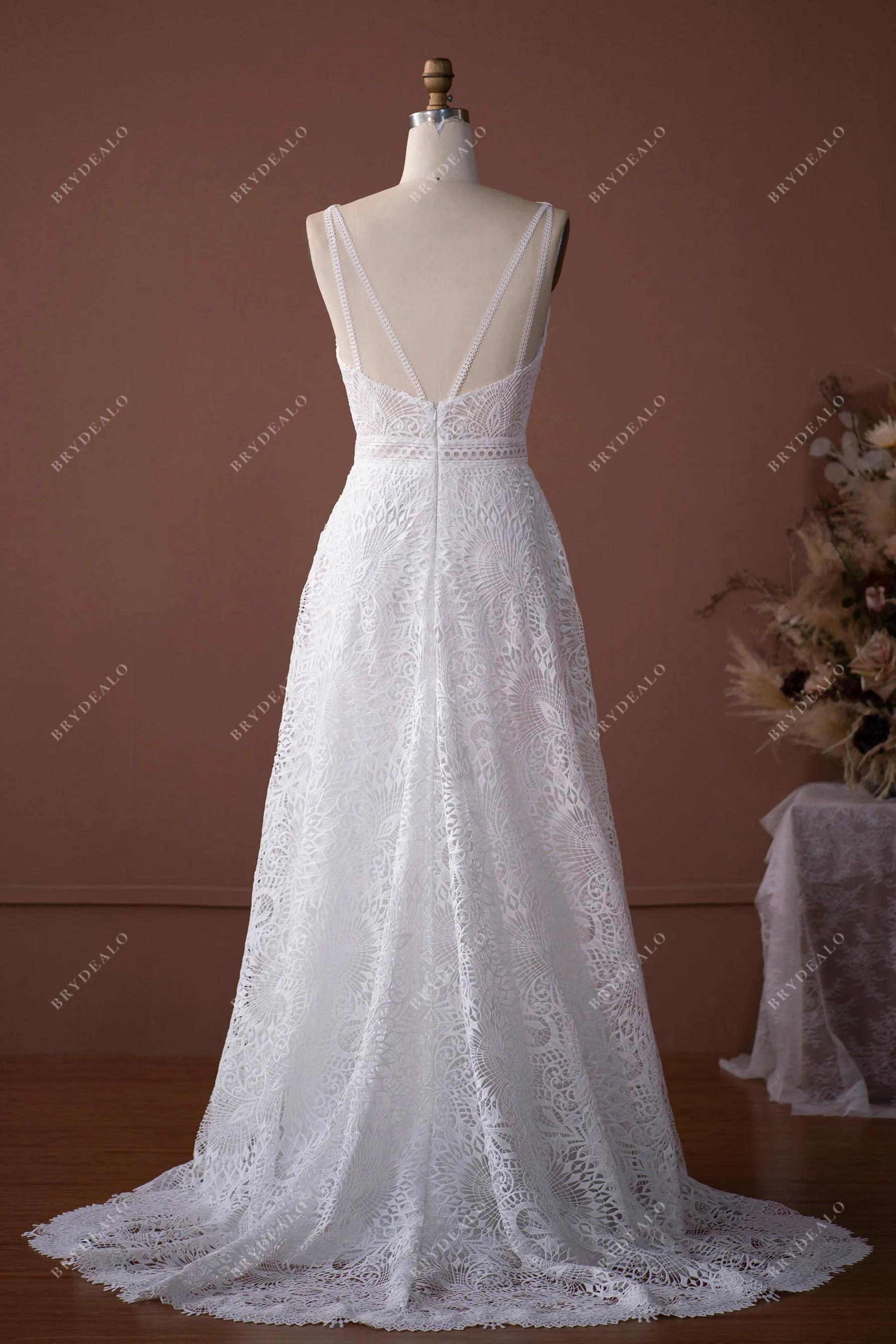 Plunging V-neck Sleeveless Whimsical Lace A-line Nude Wedding Dress