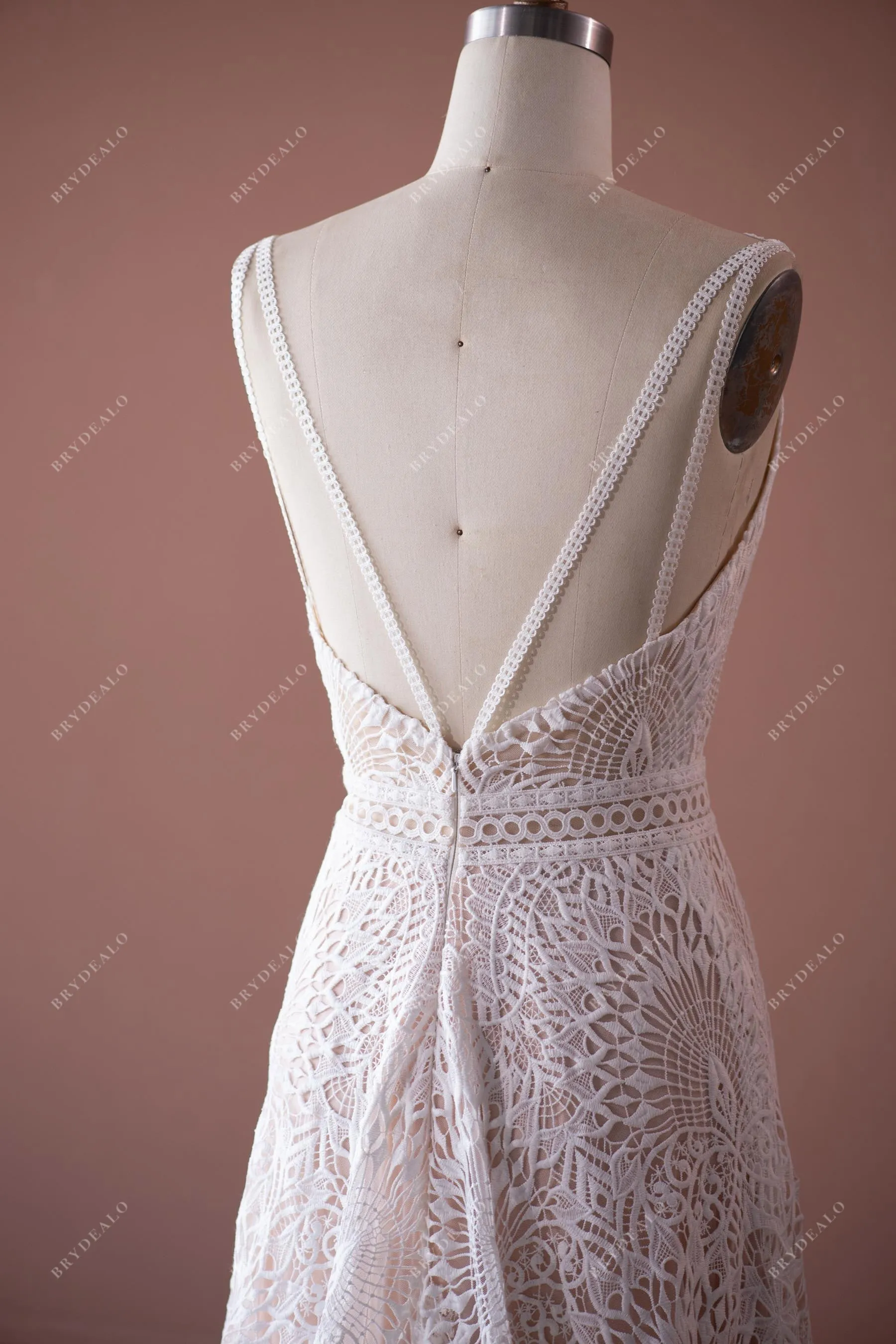 Plunging V-neck Sleeveless Whimsical Lace A-line Nude Wedding Dress