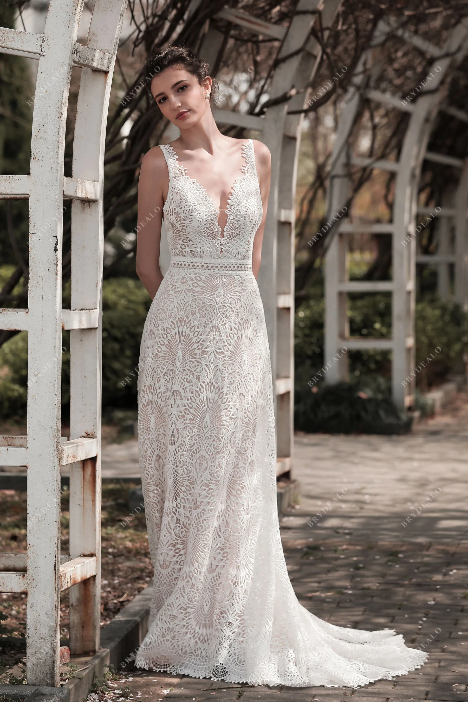 Plunging V-neck Sleeveless Whimsical Lace A-line Nude Wedding Dress