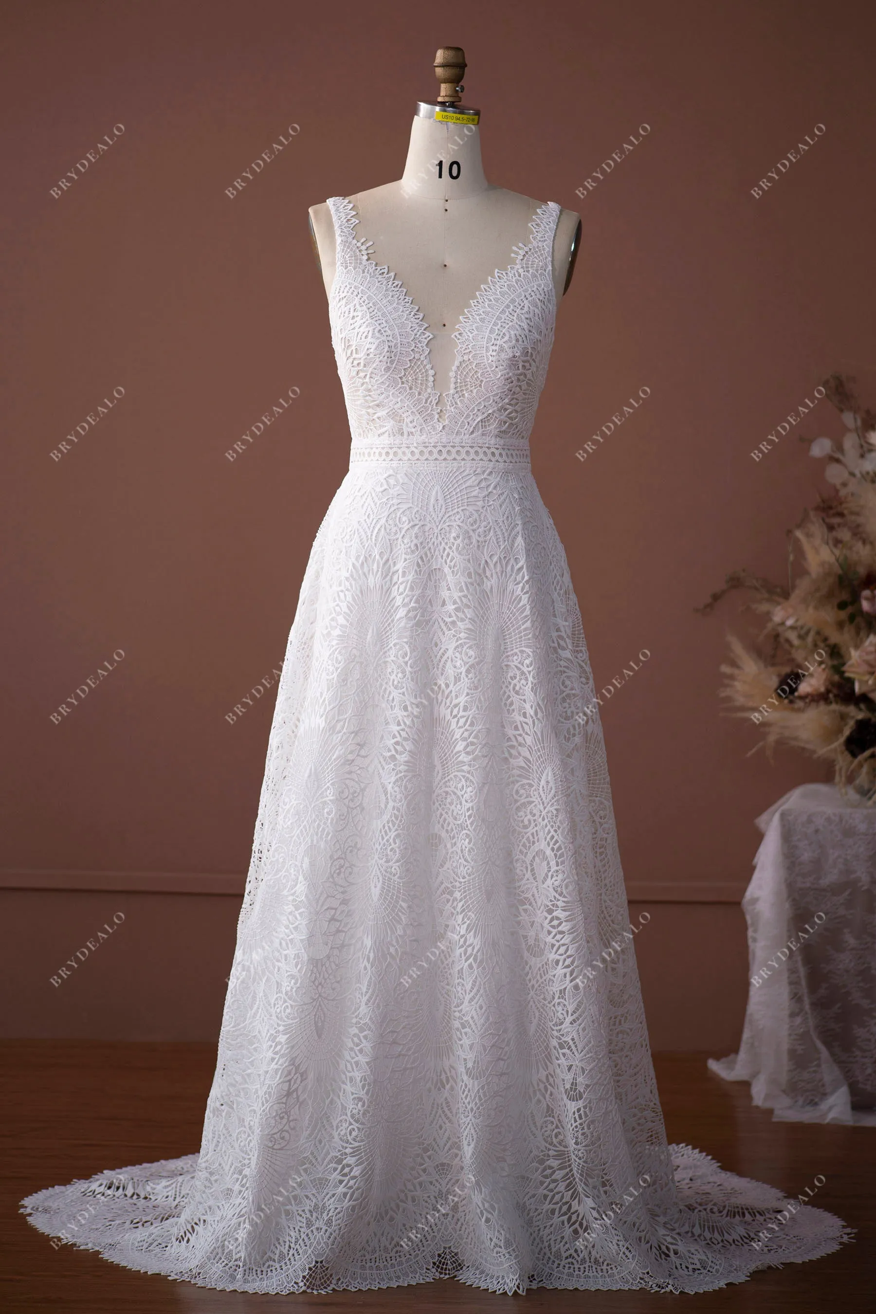 Plunging V-neck Sleeveless Whimsical Lace A-line Nude Wedding Dress