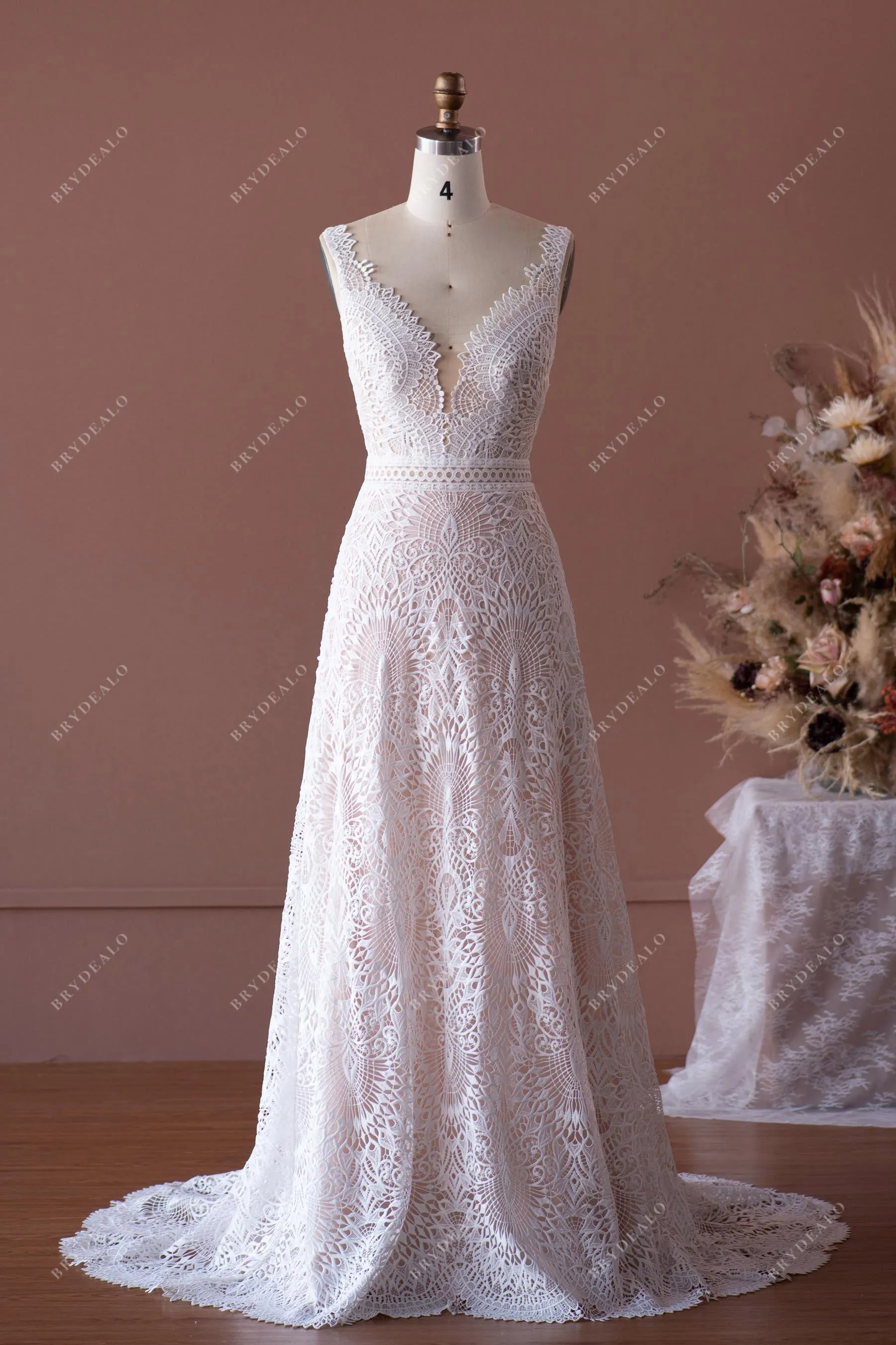 Plunging V-neck Sleeveless Whimsical Lace A-line Nude Wedding Dress