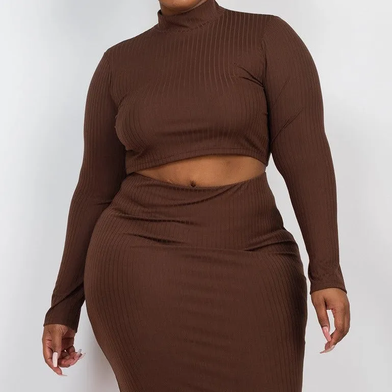 Plus Size Ribbed Mock Neck Crop Top & Midi Skirt Set