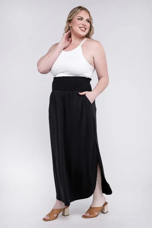 Plus Smocked Waist Side Slit Maxi Skirt w/ Pockets