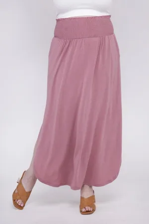 Plus Smocked Waist Side Slit Maxi Skirt w/ Pockets