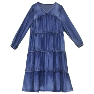 Pre Order:  Retro Pleated Denim Loose Midi Dress