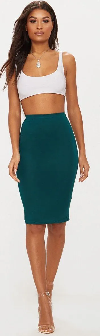 PrettyLittleThing Womens Emerald Green Basic Jersey Midi Skirt