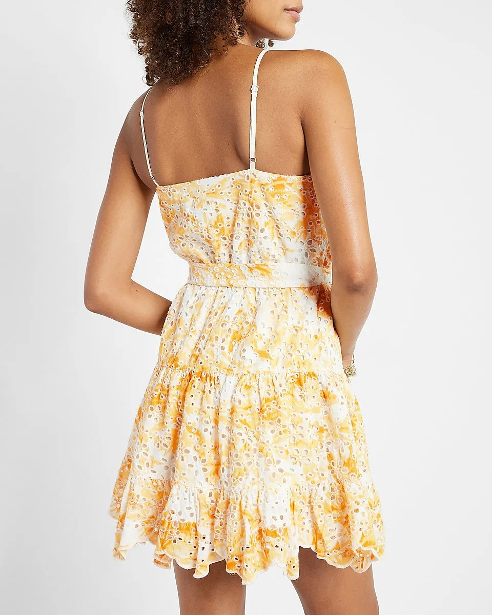 Printed Eyelet V-Neck Tie Waist Tiered Trapeze Dress in Yellow Print