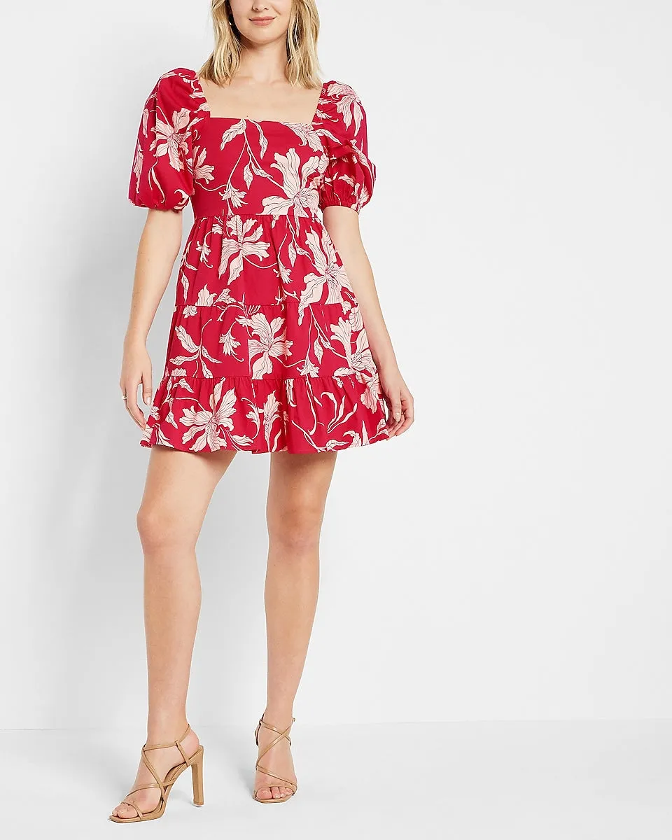 Printed Square Neck Puff Sleeve Tiered Trapeze Dress in Pink Print