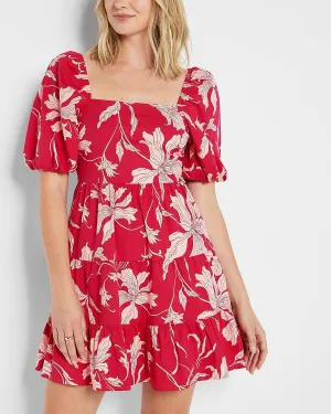 Printed Square Neck Puff Sleeve Tiered Trapeze Dress in Pink Print