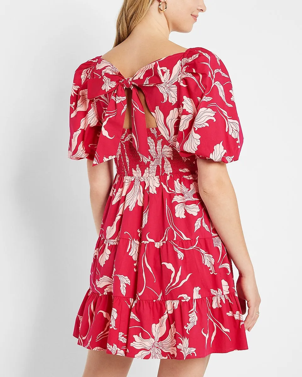 Printed Square Neck Puff Sleeve Tiered Trapeze Dress in Pink Print