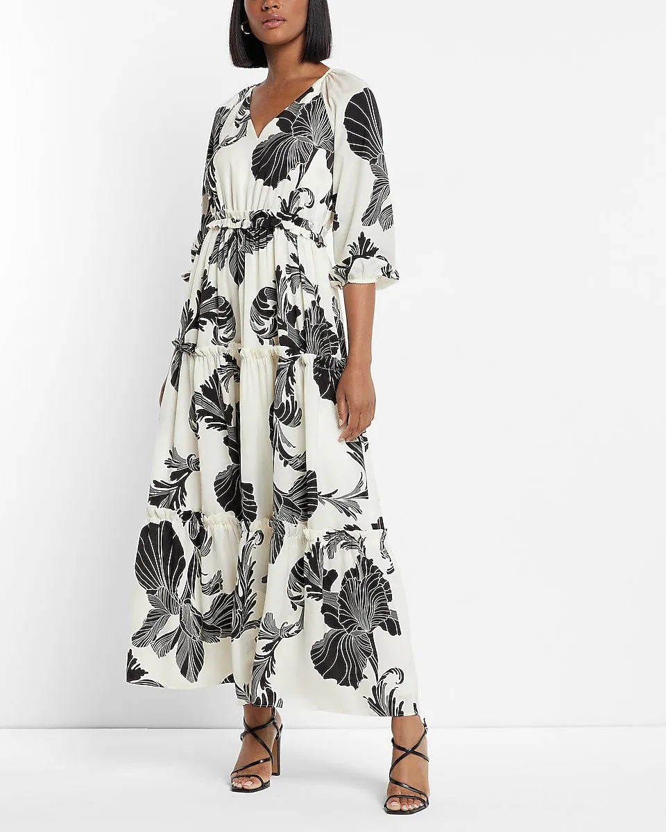 Printed Tiered Ruffle Maxi Dress in Black White