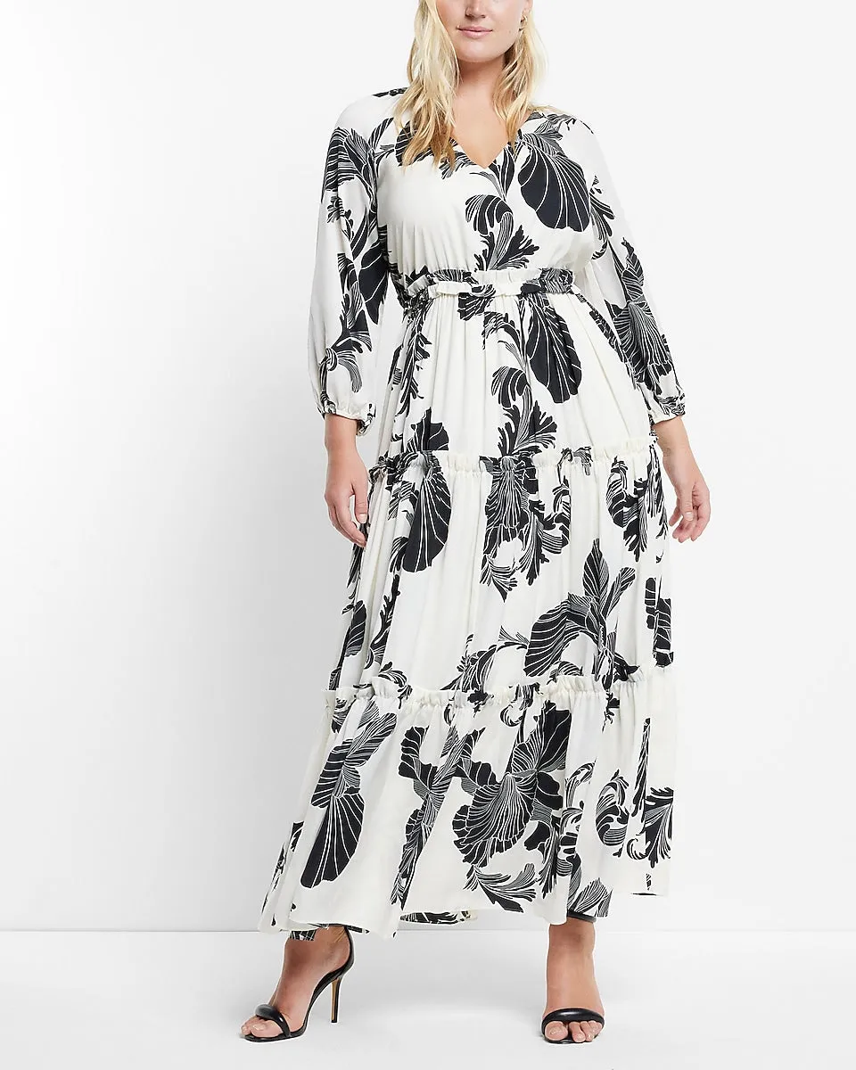 Printed Tiered Ruffle Maxi Dress in Black White